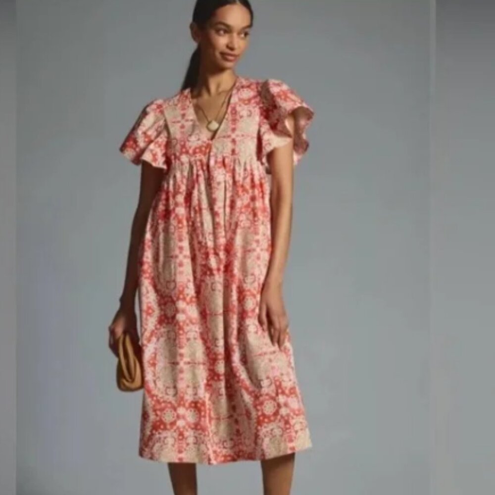 NWT Anthropologie Maeve Dress Printed Flutter Sleeve Midi Babydoll Size XS Boho